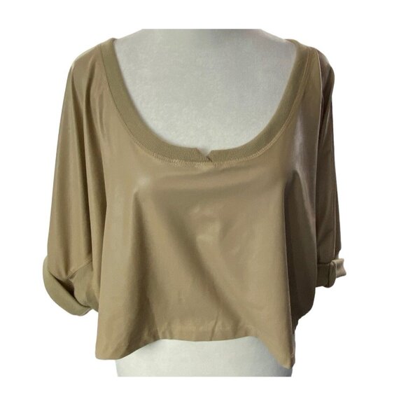 REHAB Women Faux Leather Top Sz S/M Tan Short Sleeves Scoop Neck Casual 33-12 - Picture 1 of 12